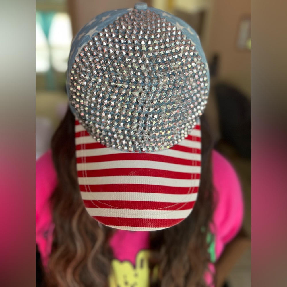 Rhinestone Studded Stars and Stripes Patriotic USA America Cap